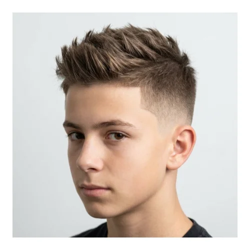 Boy with lightly spiked hair on top and a clean low taper fade on the sides, creating a neat and school-appropriate hairstyle.