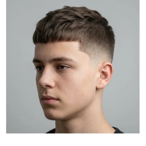 Boy with a clean low taper fade haircut, featuring neatly trimmed sides and a simple, school-appropriate hairstyle.
