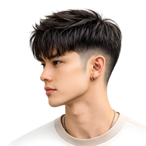 Low Taper Fade Straight Hair With Fringe showcasing straight hair with a soft fringe and neatly blended low taper fade for a trendy, youthful look.