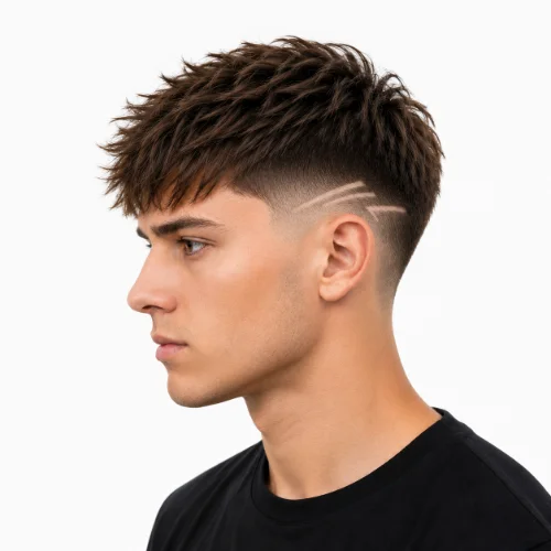 Low Taper Fade Straight Hair with Design featuring straight hair with a sharp low taper fade and a creative shaved hair design on the sides.