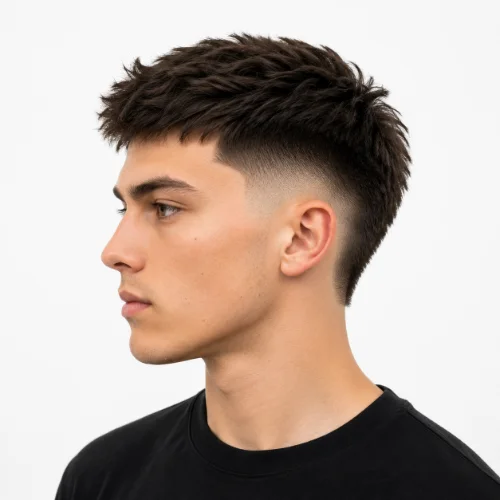 Burst Fade with Straight Hair featuring straight hair with a rounded burst fade around the ears and a clean, modern finish.