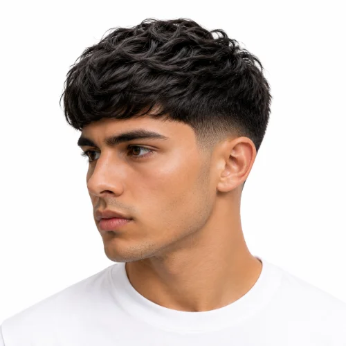 Low Taper Fade Straight Hair with Waves featuring straight hair styled with soft waves on top and a neatly blended low taper fade.