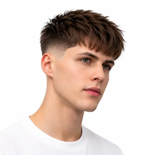 Low Taper Fade Straight Hair Messy Fringe featuring straight hair with a textured messy fringe and a clean low taper fade for a relaxed style.
