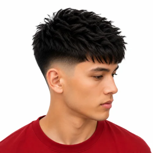 Asian man with thick hair and a low taper fade haircut