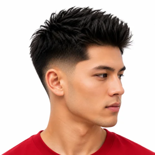 Asian man with a low taper fade and brush up hairstyle