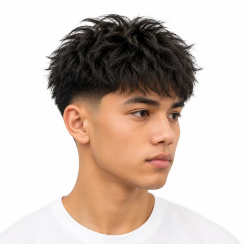 Asian man with fluffy hair and a low taper fade haircut
