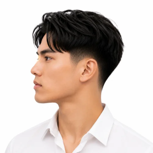 Asian man with a low taper fade and comma hairstyle