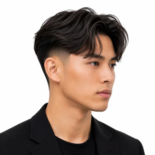 Asian man with curtain hairstyle and a low taper fade