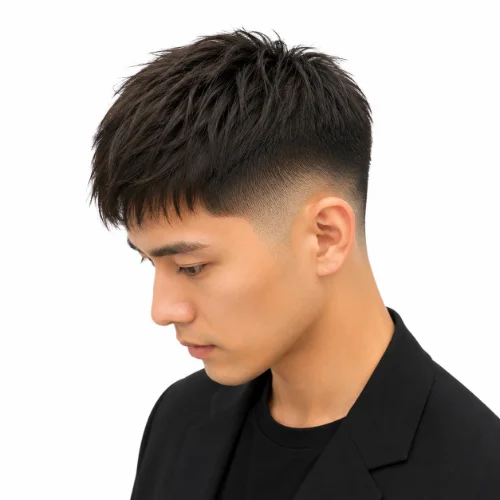 Asian man with thin straight hair and a low taper fade