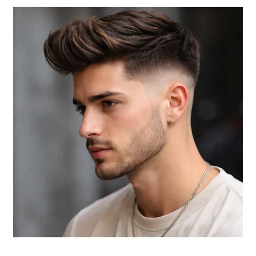 Side view of Young man with a mid low taper fade and a quiff, featuring smoothly blended sides and a voluminous, lifted front.