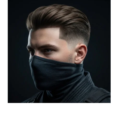 Man with straight hair styled in a ninja-inspired look on top and a clean low taper fade on the sides, creating a sharp and modern hairstyle.