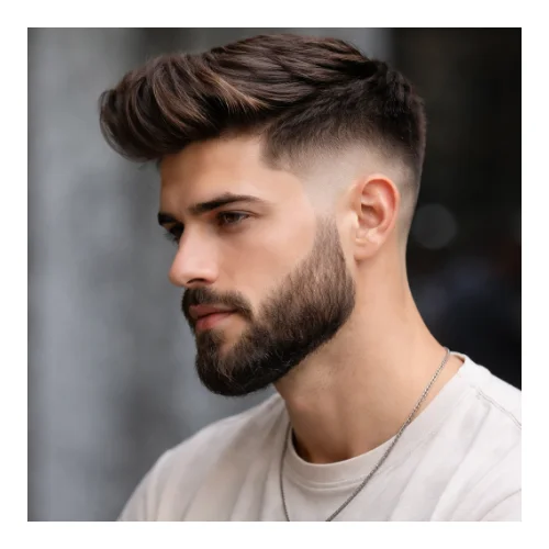 Side view of young man with a mid low taper fade and a full beard, featuring smoothly blended sides and a clean, well-groomed beard connection.