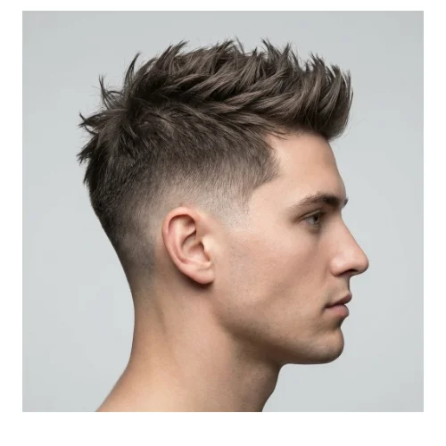 Side view of young man with a mid low taper fade and spiky hair, featuring smoothly blended sides and short, defined spikes on top.