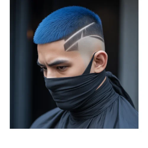 Low taper fade ninja blue hair with vibrant color and clean faded sides