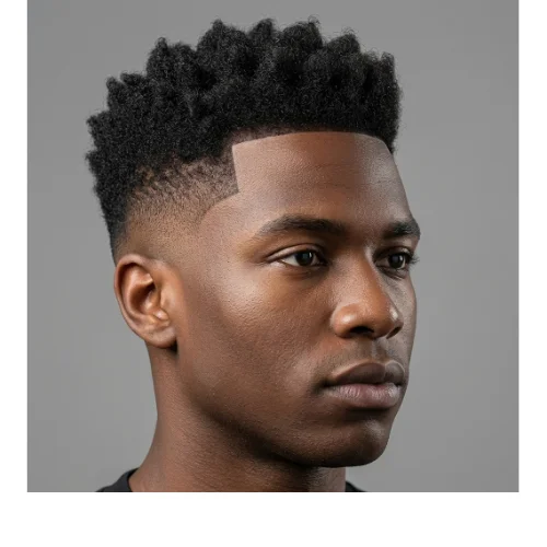 Black male with a mid taper fade haircut, featuring clean faded sides and a sharp, well-groomed top for a modern look.