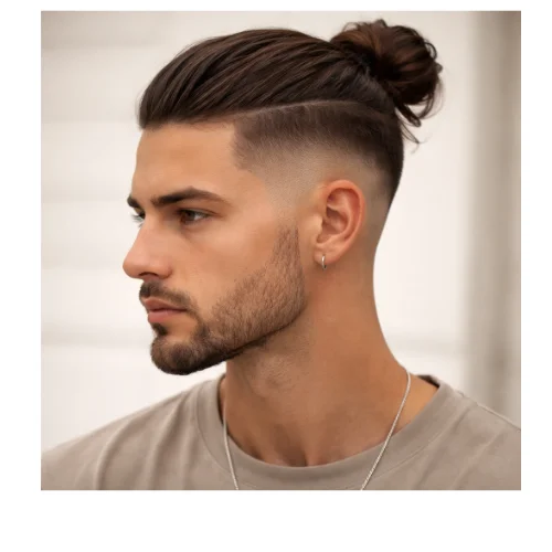 Side view of young man with a mid low taper fade and a man bun, featuring neatly blended sides and long hair tied back into a bun.