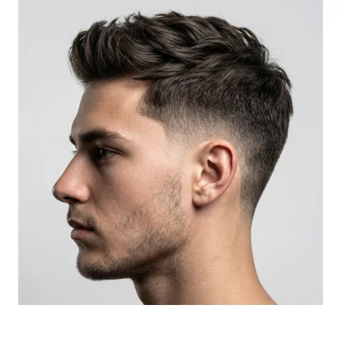 side view of Low taper fade middle part with beard, clean and balanced men's hairstyle with neat facial hair