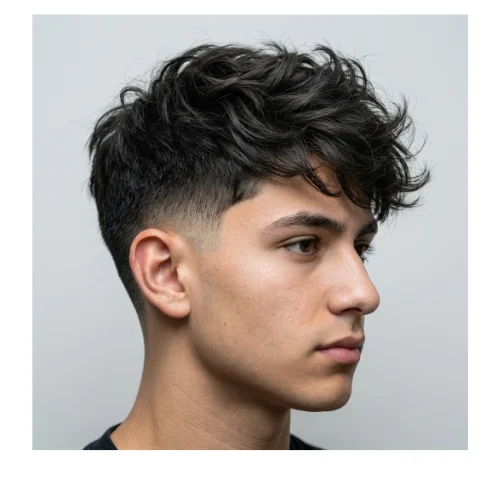 Low taper fade textured messy top hairstyle with natural volume and clean tapered sides