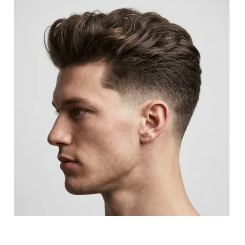 Low taper fade textured quiff hairstyle with volume and clean tapered sides, modern men's haircut
