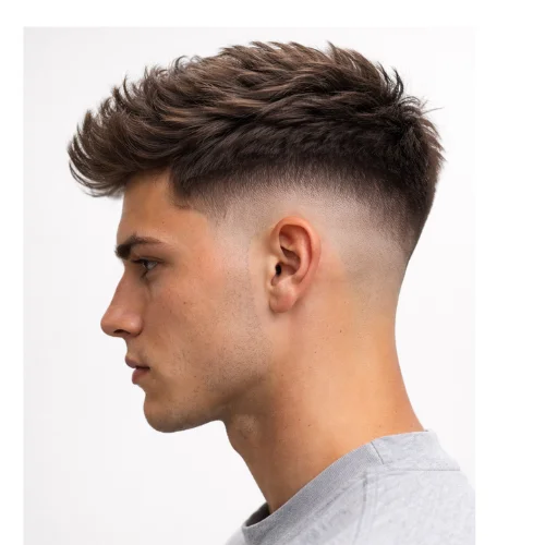 Young man with a high mid taper fade haircut, featuring higher blended sides and a clean, structured top for a bold modern look.