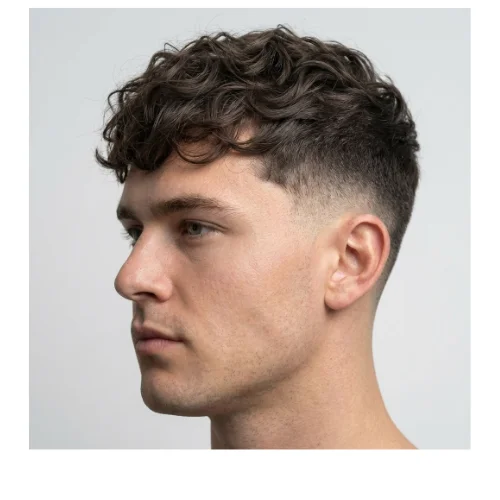 Man with a low taper fade and textured fringe for thick hair, featuring a clean gradual fade on the sides with a full, layered fringe on top.