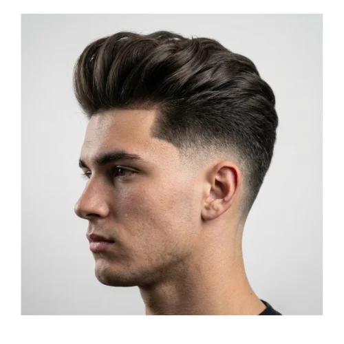 Low taper fade textured thick pompadour hairstyle with high volume and clean tapered sides