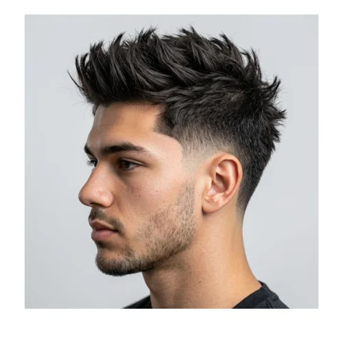 Low taper fade textured thick spiky hair hairstyle with volume and clean tapered sides