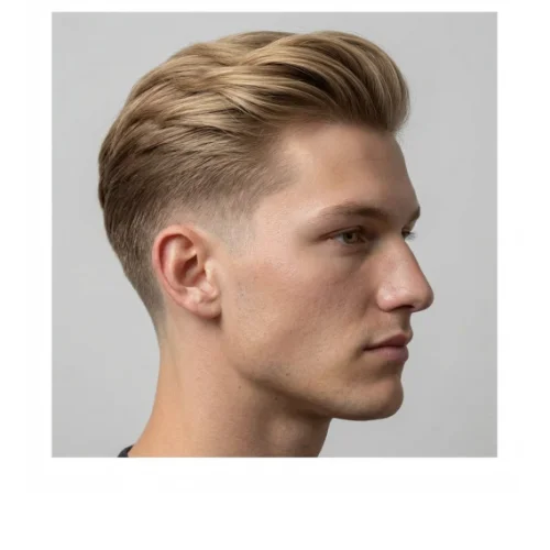 Low taper fade textured comb over hairstyle for men with a clean and modern finish