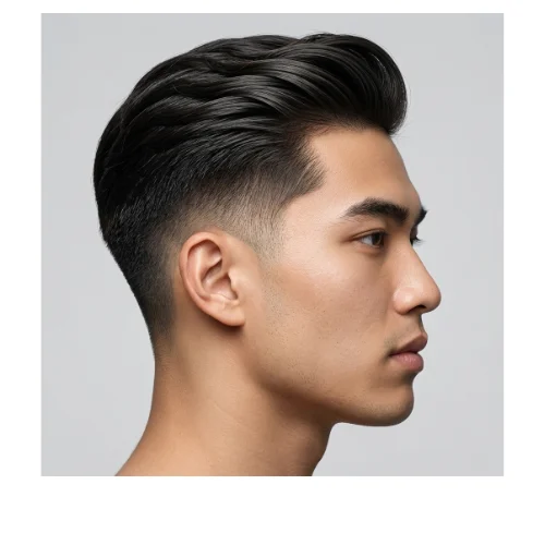 Low taper fade textured slick back hairstyle for men with a clean and polished finish