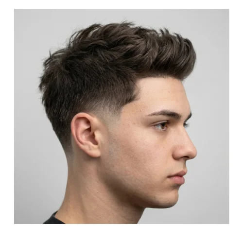Low taper fade textured haircut with natural volume for a soft and modern men's hairstyle
