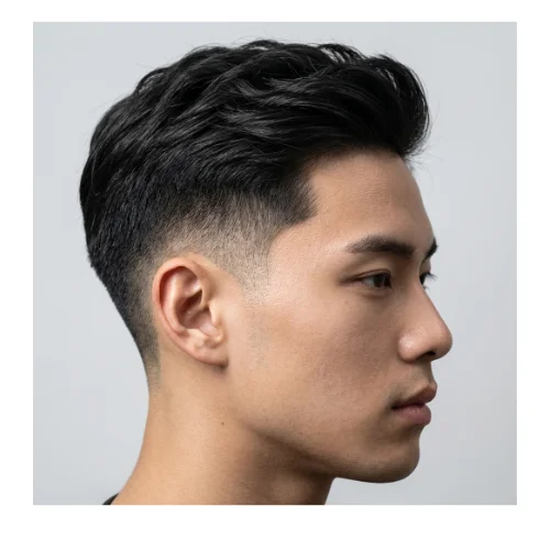 Low taper fade textured haircut for thick straight hair with natural volume and clean finish