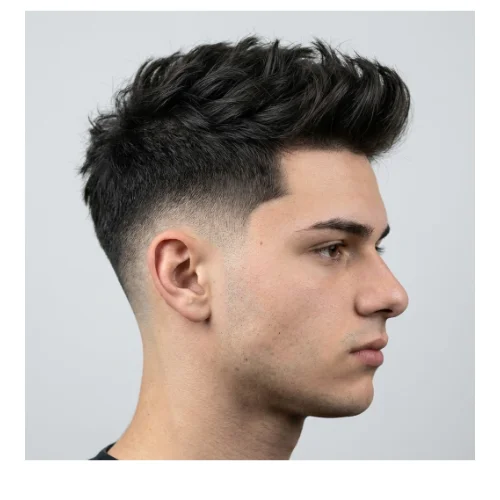 Man with a low taper fade and textured modern barber style, featuring a clean gradual fade on the sides with professionally styled textured hair on top.