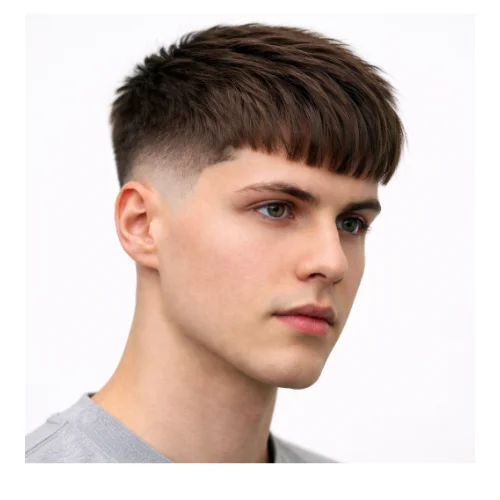 Young man with straight hair and a mid taper fade, featuring clean faded sides and a smooth, neatly styled top.