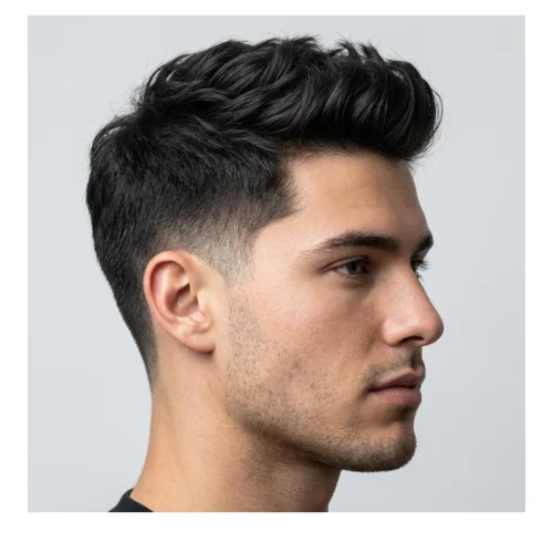 Low taper fade textured layered haircut for men with modern volume and style