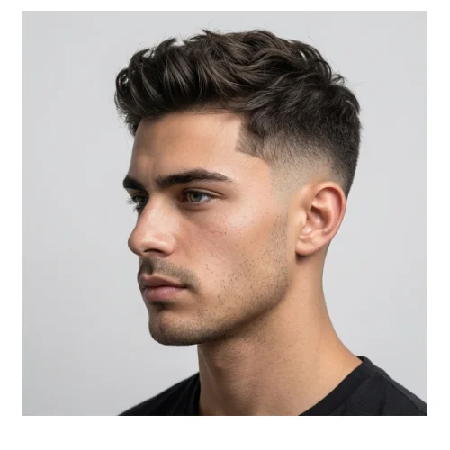 Young man with a low taper fade and textured trendy hairstyle, featuring a clean gradual fade on the sides with modern textured volume on top.