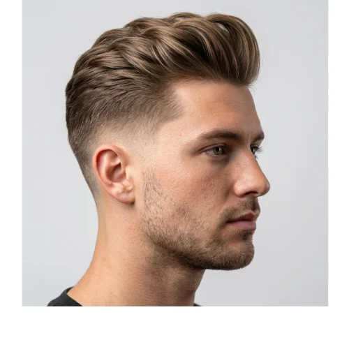 Man with a classic quiff hairstyle paired with a clean low taper fade on the sides, creating a stylish and modern men’s haircut.
