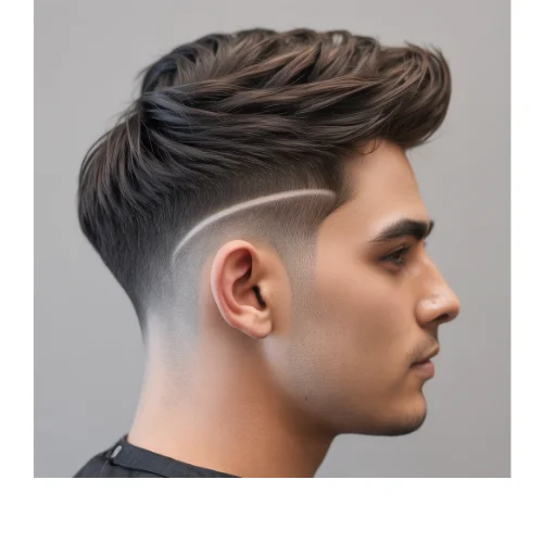 Man with a modern quiff hairstyle on top and a clean low taper fade on the sides, creating a sharp and stylish men’s haircut.