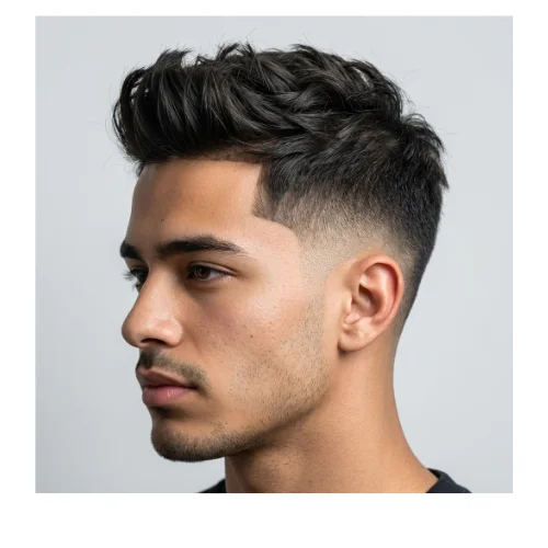 Man with a textured quiff hairstyle on top and a clean low taper fade on the sides, creating a modern and stylish men’s haircut.