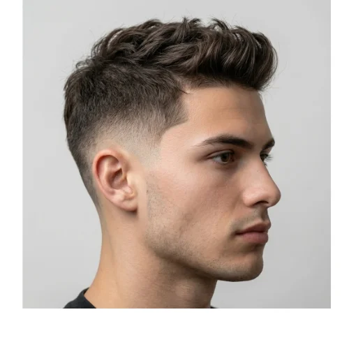 Man with a messy quiff hairstyle on top and a clean taper fade on the sides, creating a relaxed and modern men’s haircut