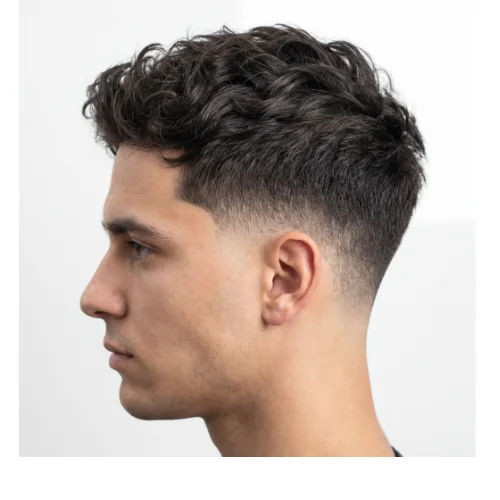 Young man with a mid fade haircut and wavy hair on top, featuring clean blended sides and natural waves for a stylish look.