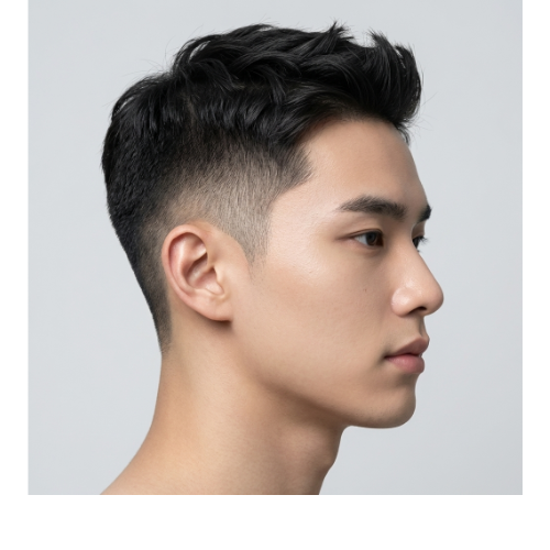 Man with a short quiff hairstyle on top and a clean taper fade on the sides, creating a sharp and modern men’s haircut.