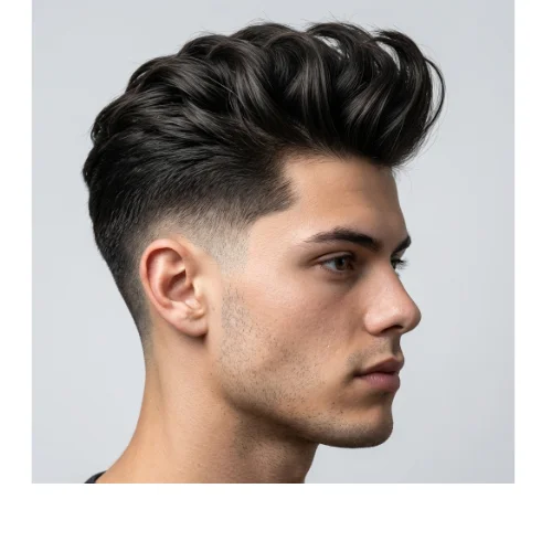 Man with a long quiff hairstyle on top and a clean low taper fade on the sides, creating a bold and modern men’s haircut.