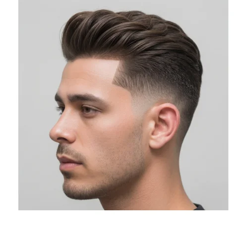 Man with a clean quiff hairstyle on top and a smooth fade on the sides, creating a sharp and modern men’s haircut.