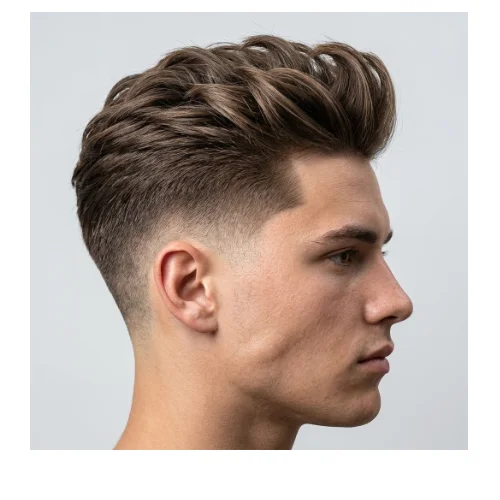 Modern Taper Fade Quiff haircut with short faded sides and a textured, voluminous top for a stylish look.