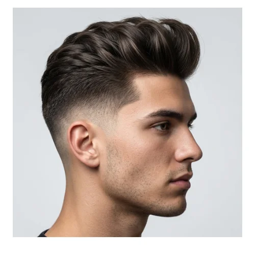 ide view of a modern men's haircut with a high-volume quiff styled upward and backward, paired with low fade sides. The textured top adds height and movement, while the fade around the ears and neckline creates a clean and sharp finish, ideal for thick or wavy hair.