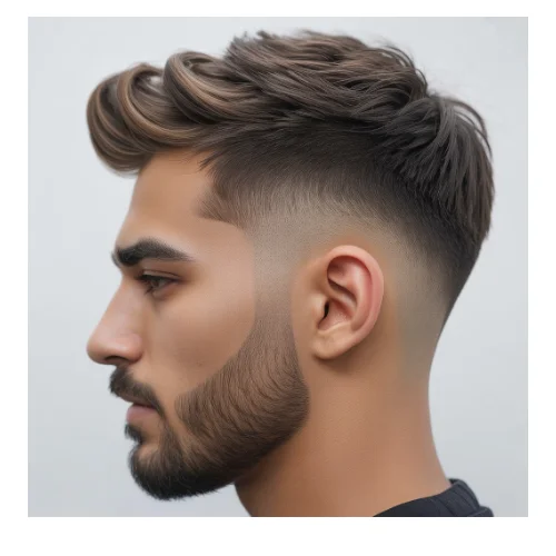 Modern men's haircut featuring a voluminous quiff styled upward and backward with a low taper fade on the sides and back, paired with a neatly trimmed full beard. he textured top adds height and movement, while the low fade and beard create a sharp,