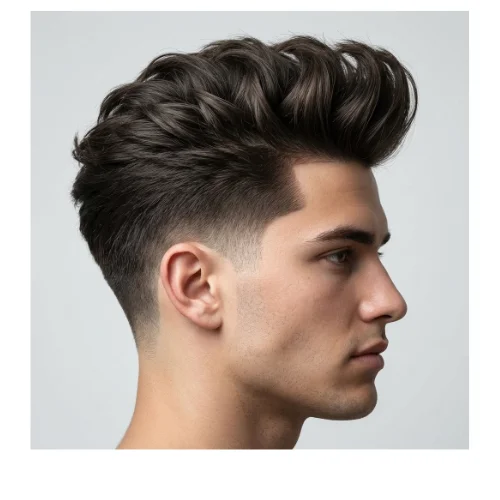Side view of a modern men's haircut with a voluminous quiff styled upward and backward, designed for thick hair. The low taper fade on the sides and back creates a clean, sharp look, while the textured top adds height, movement, and a stylish finish. 