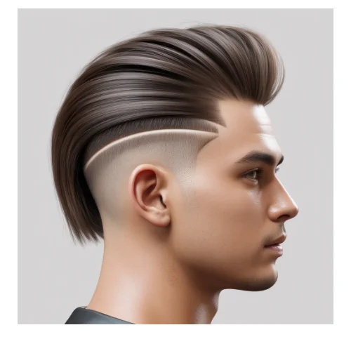 Modern men's haircut featuring a straight hair quiff styled upward and backward with a clean fade on the sides and back. The straight textured top adds height and sophistication, while the fade around the ears and neckline creates a sharp, polished look. Perfect for men seeking a sleek and stylish hairstyle.