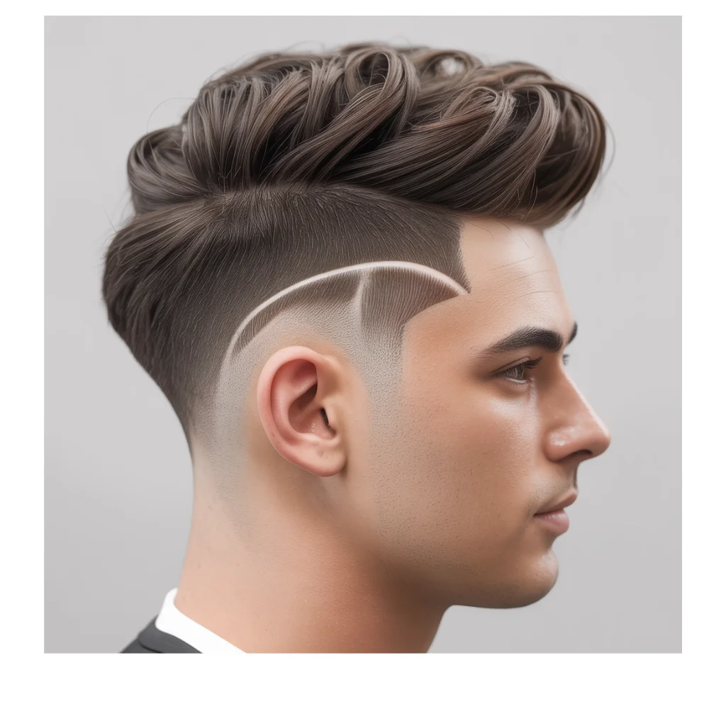Modern men's haircut featuring a voluminous quiff styled upward and backward, paired with a clean fade on the sides and back. A defined hard part creates a sharp contrast between the textured top and the faded sides, giving a polished and stylish look.