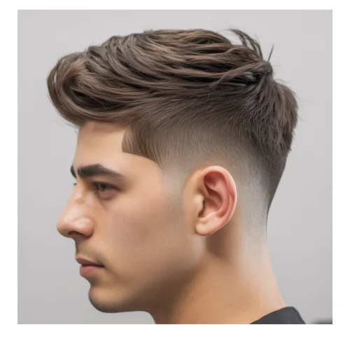 Modern men's haircut featuring a voluminous quiff with textured strands styled upward and backward, paired with a low taper fade on the sides and back. The textured top adds movement and style, while the low fade creates a sharp, clean finish.
